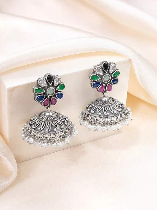 Regal Crystal Oxidized Jhumka Earrings