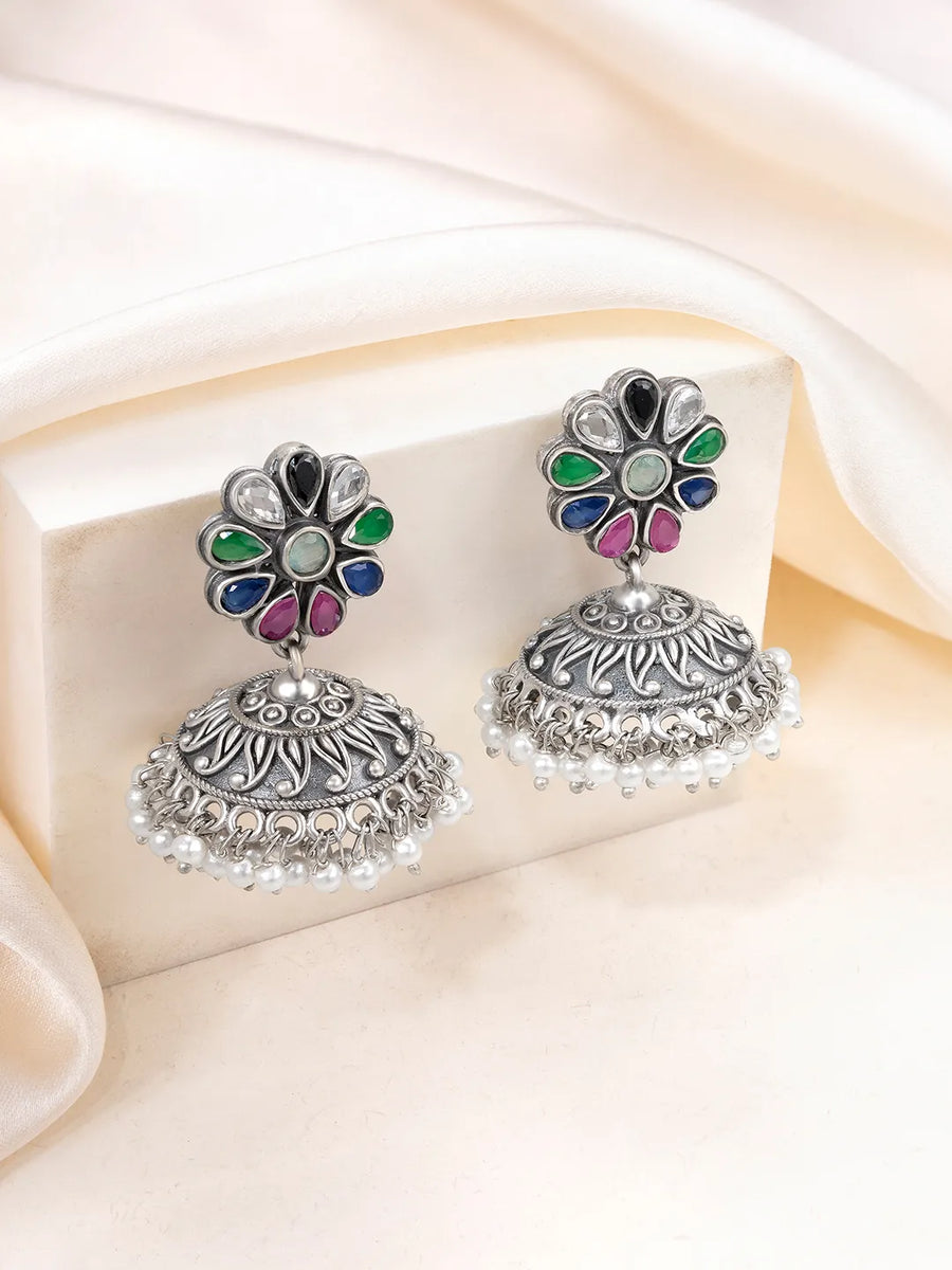 Regal Crystal Oxidized Jhumka Earrings