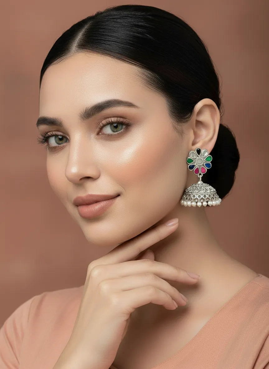 Regal Crystal Oxidized Jhumka Earrings