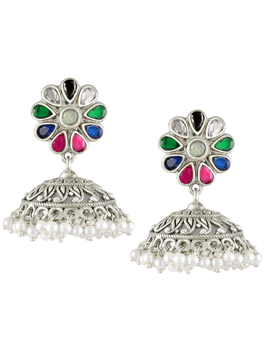 Regal Crystal Oxidized Jhumka Earrings