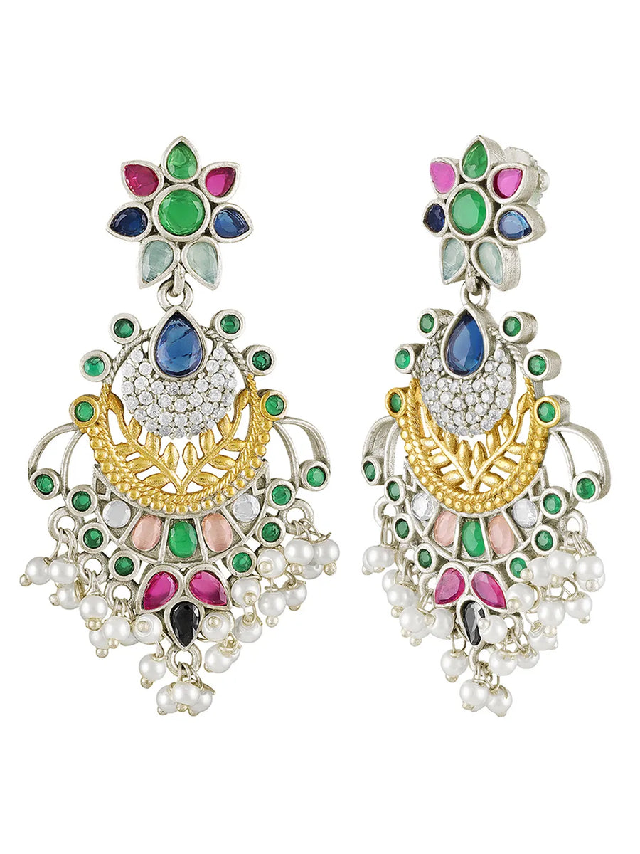 Floral Charm Pearl Tassel Dangle Earrings