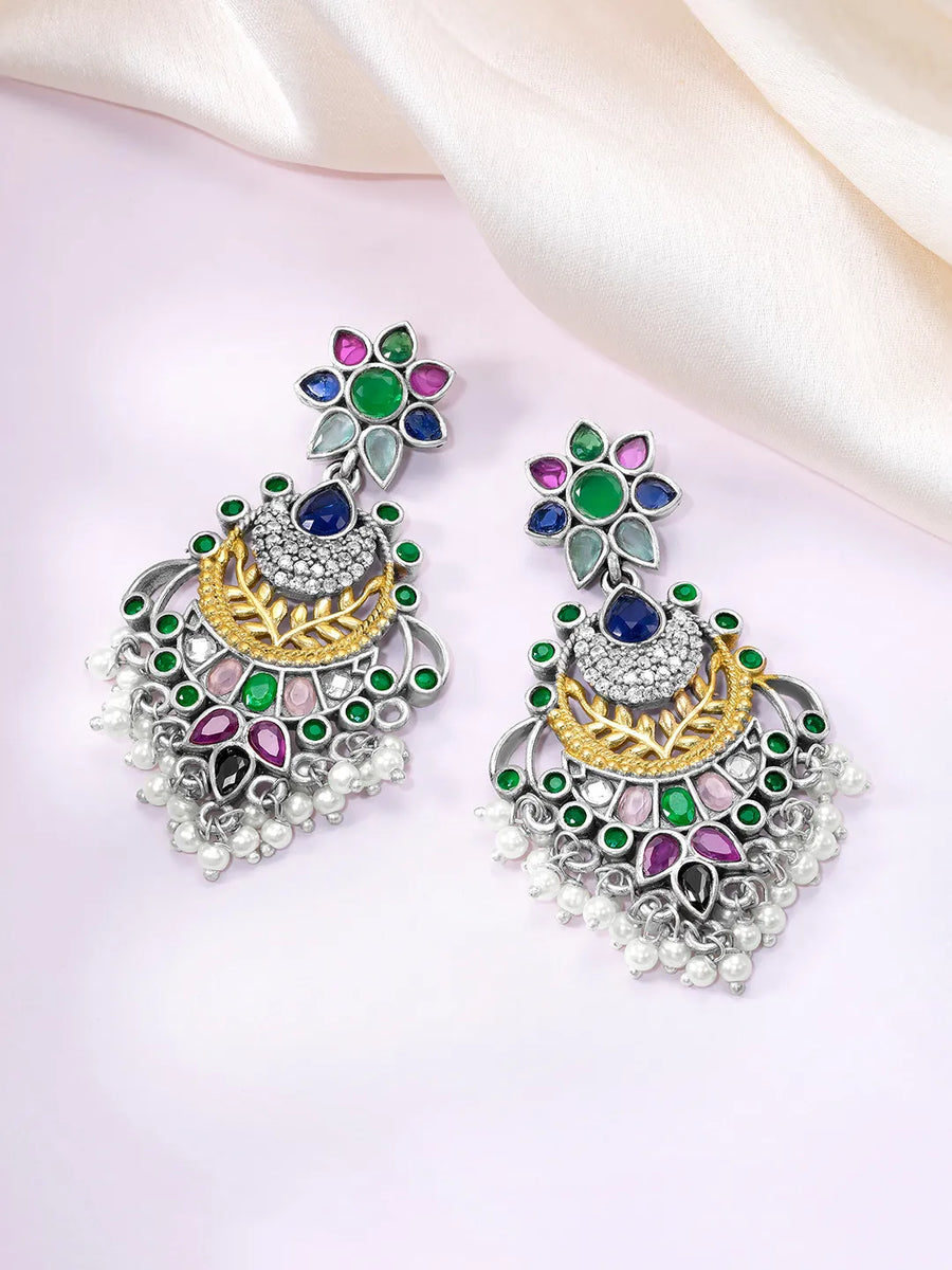 Floral Charm Pearl Tassel Dangle Earrings