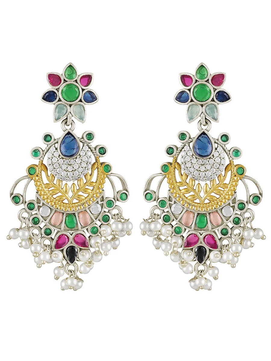 Floral Charm Pearl Tassel Dangle Earrings