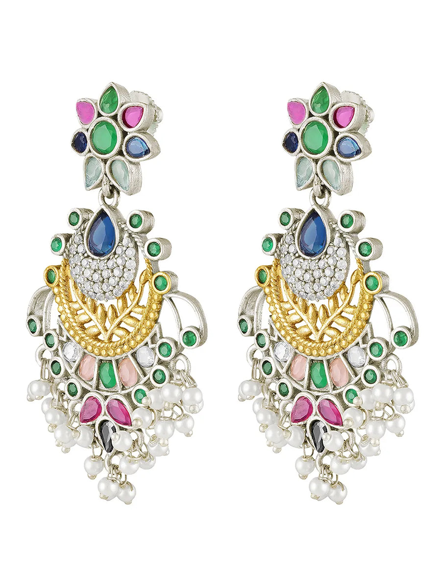 Floral Charm Pearl Tassel Dangle Earrings