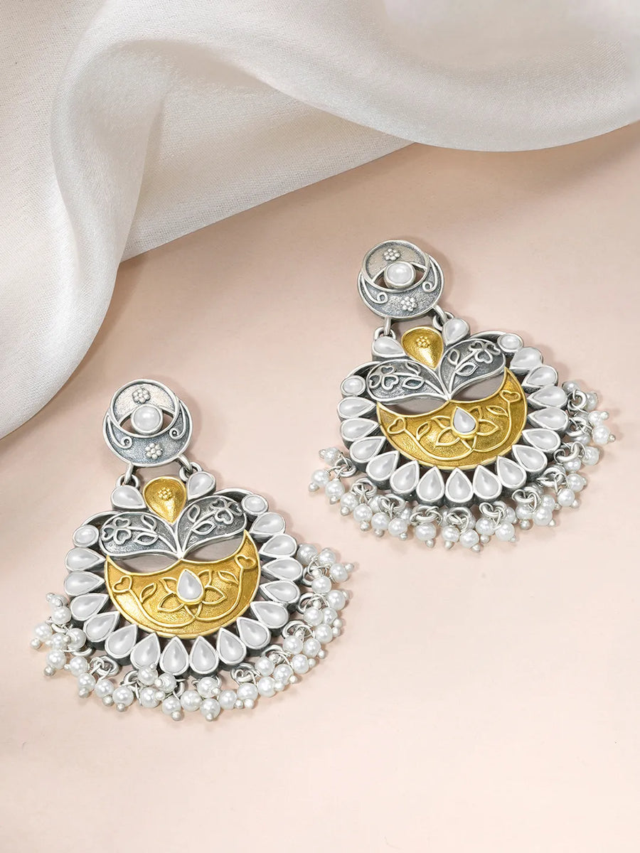 Peora Pearl Halo Oxidised Chandbalis Earring