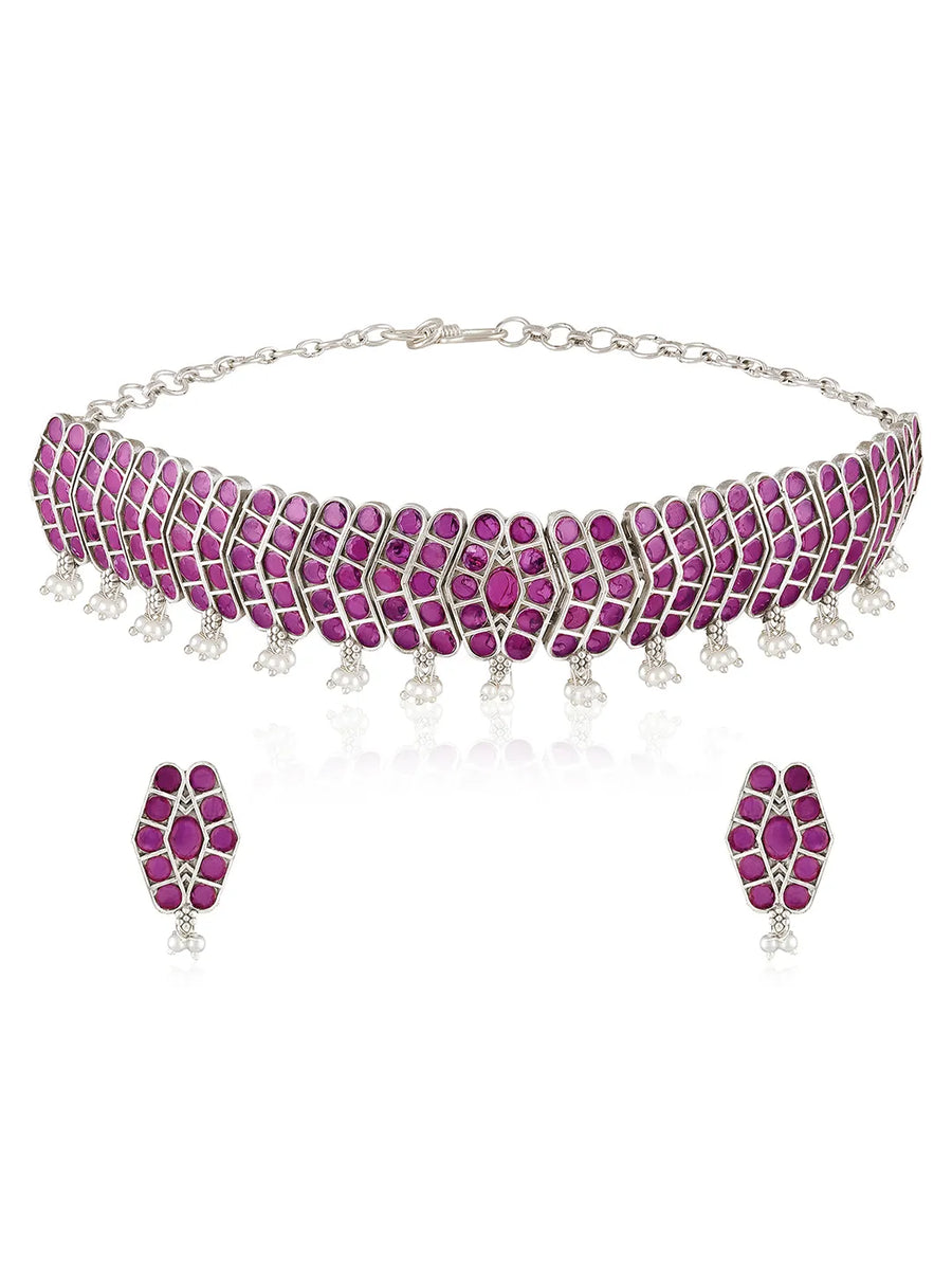 Chevron Design Faux Ruby Necklace Set