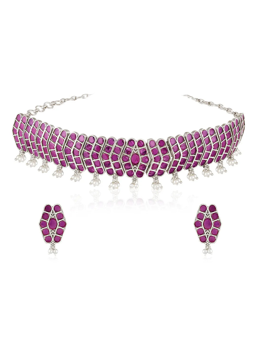 Chevron Design Faux Ruby Necklace Set