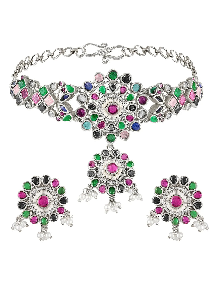 Floral Crystal Studded Necklace Set