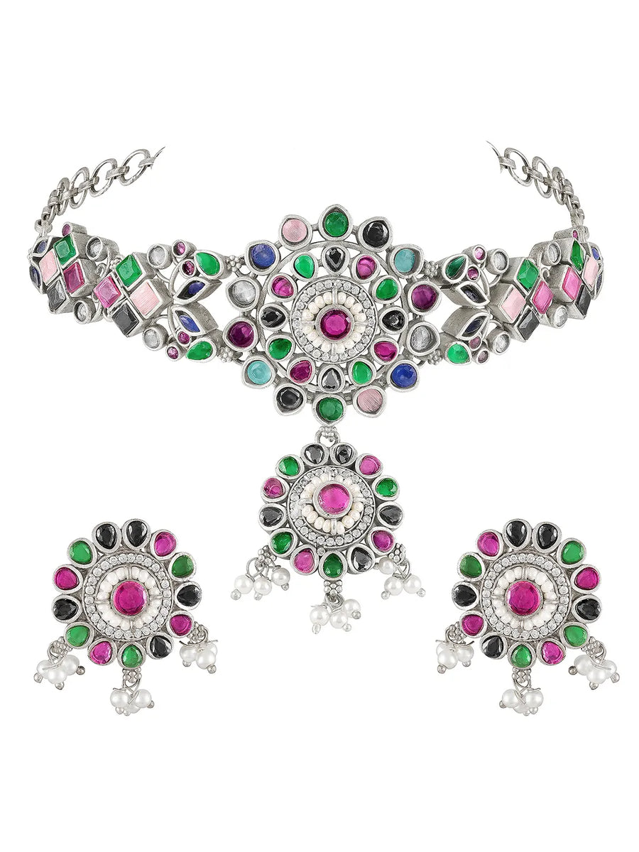 Floral Crystal Studded Necklace Set