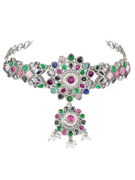 Floral Crystal Studded Necklace Set