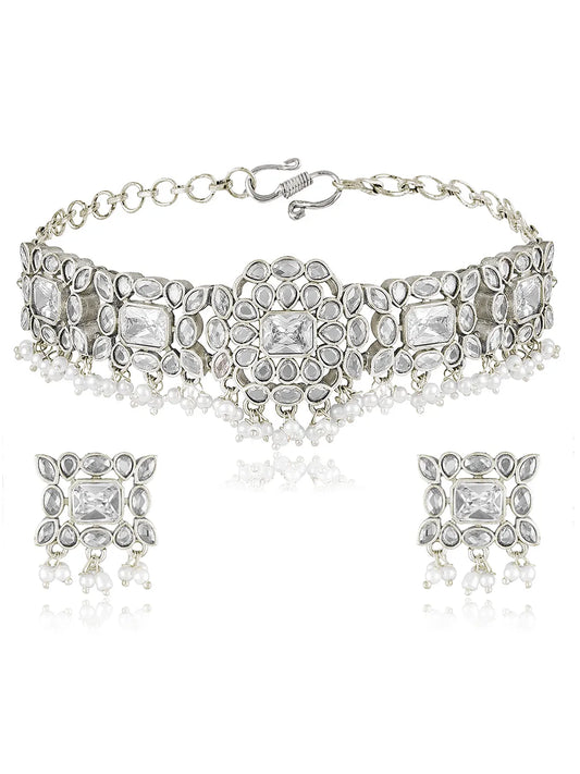 Crystal Drop Choker with Pearl Dangles