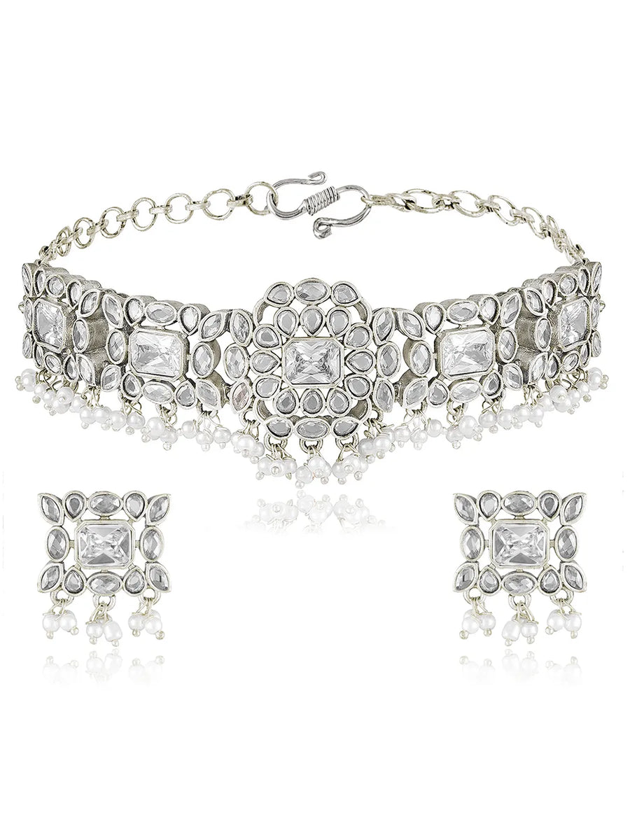 Crystal Drop Choker with Pearl Dangles