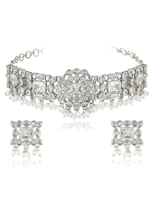 Crystal Drop Choker with Pearl Dangles