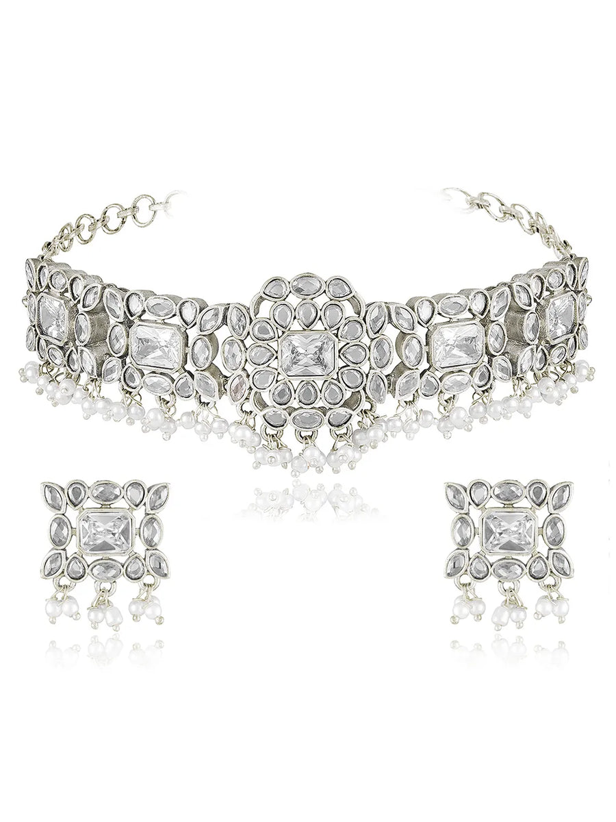 Crystal Drop Choker with Pearl Dangles