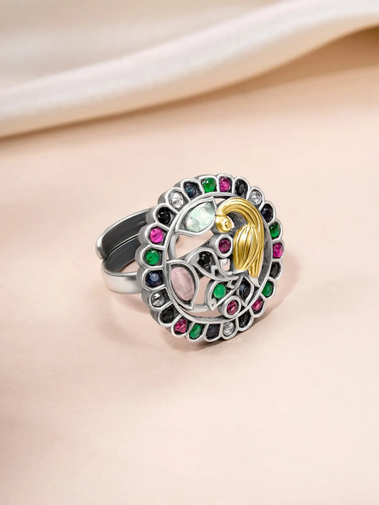 Peacock Motif Ring with Crystal Accents