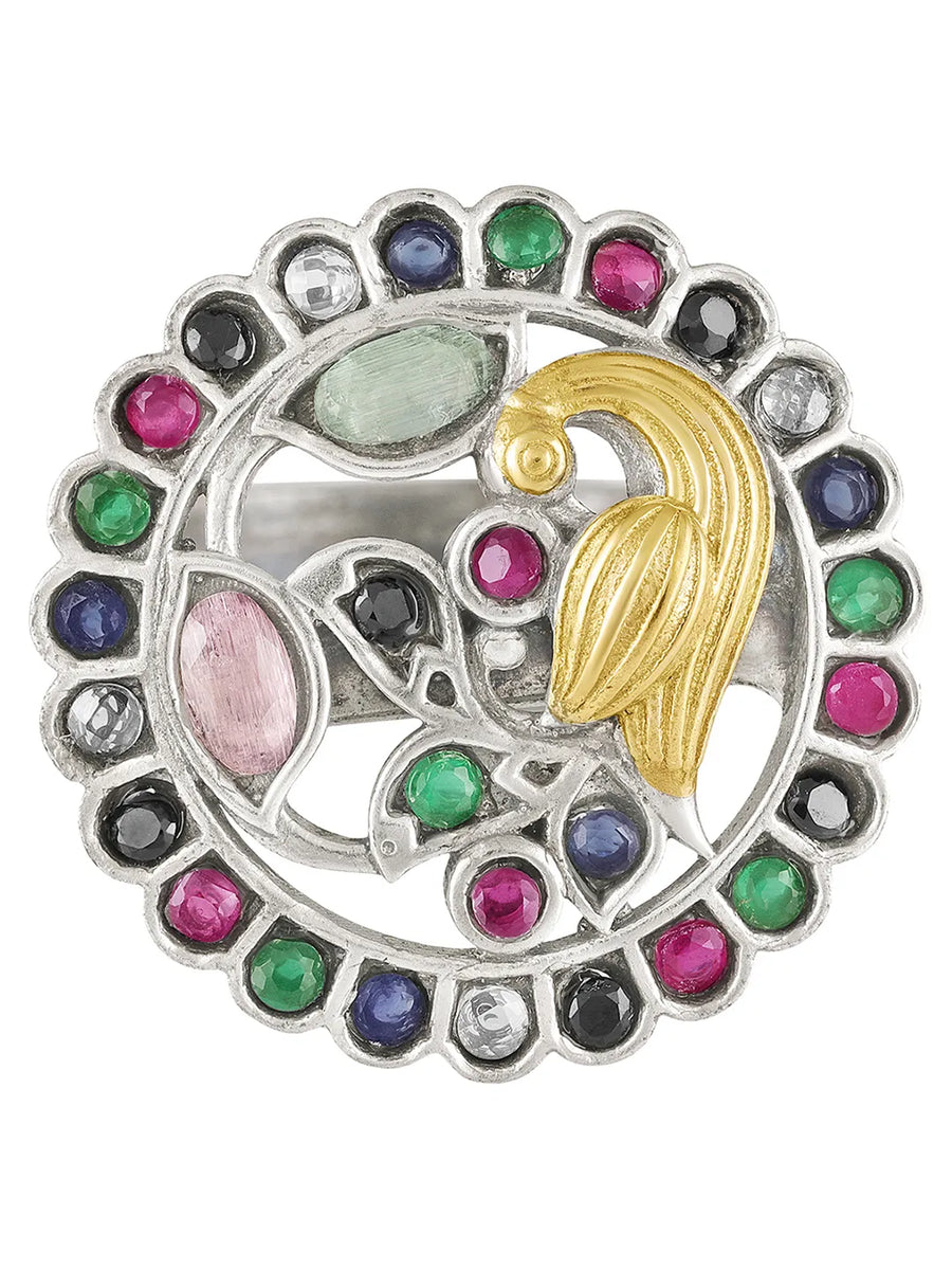 Peacock Motif Ring with Crystal Accents