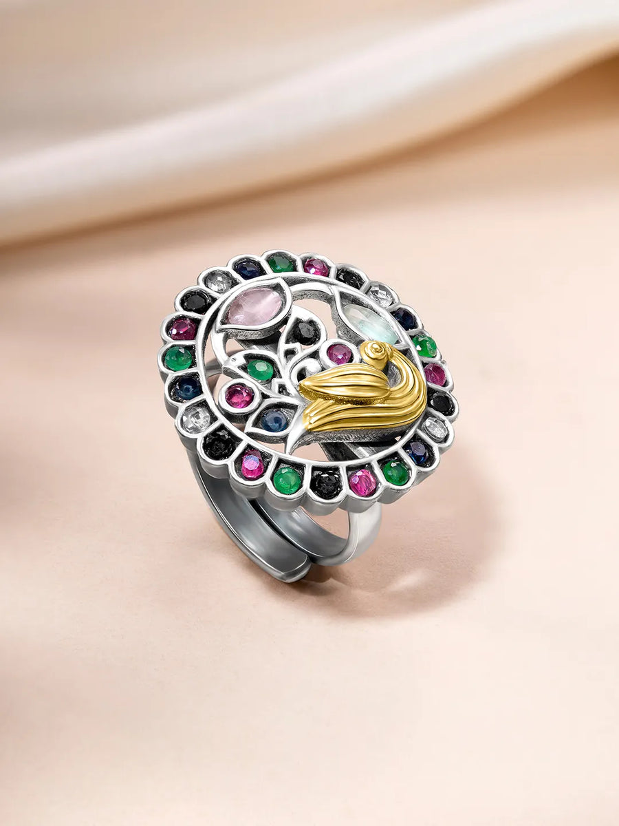 Peacock Motif Ring with Crystal Accents