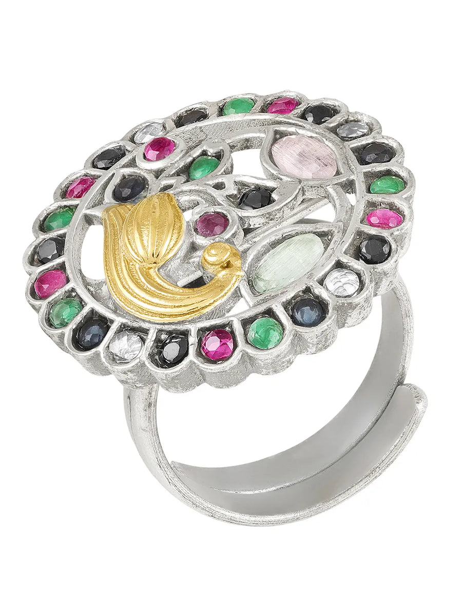 Peacock Motif Ring with Crystal Accents