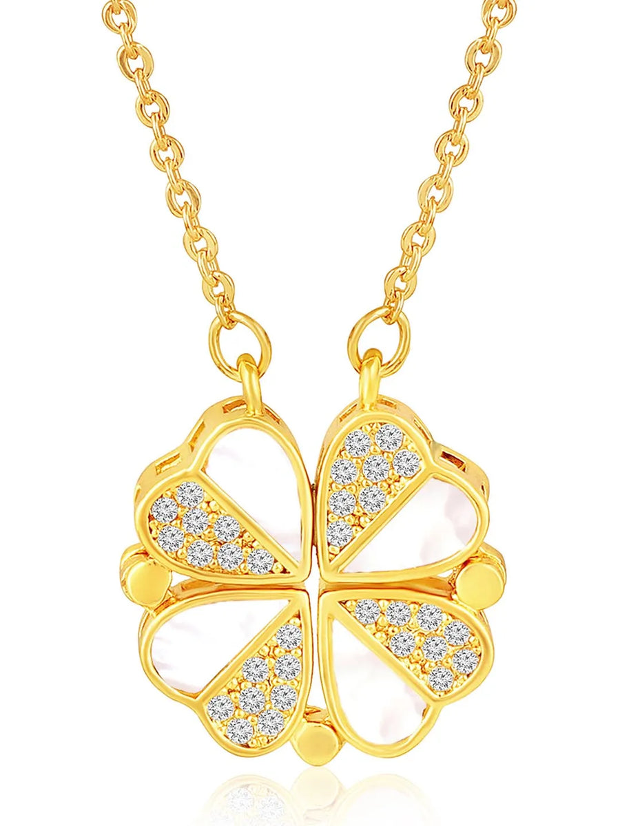 Floral Clover Motif CZ Necklace - Gold