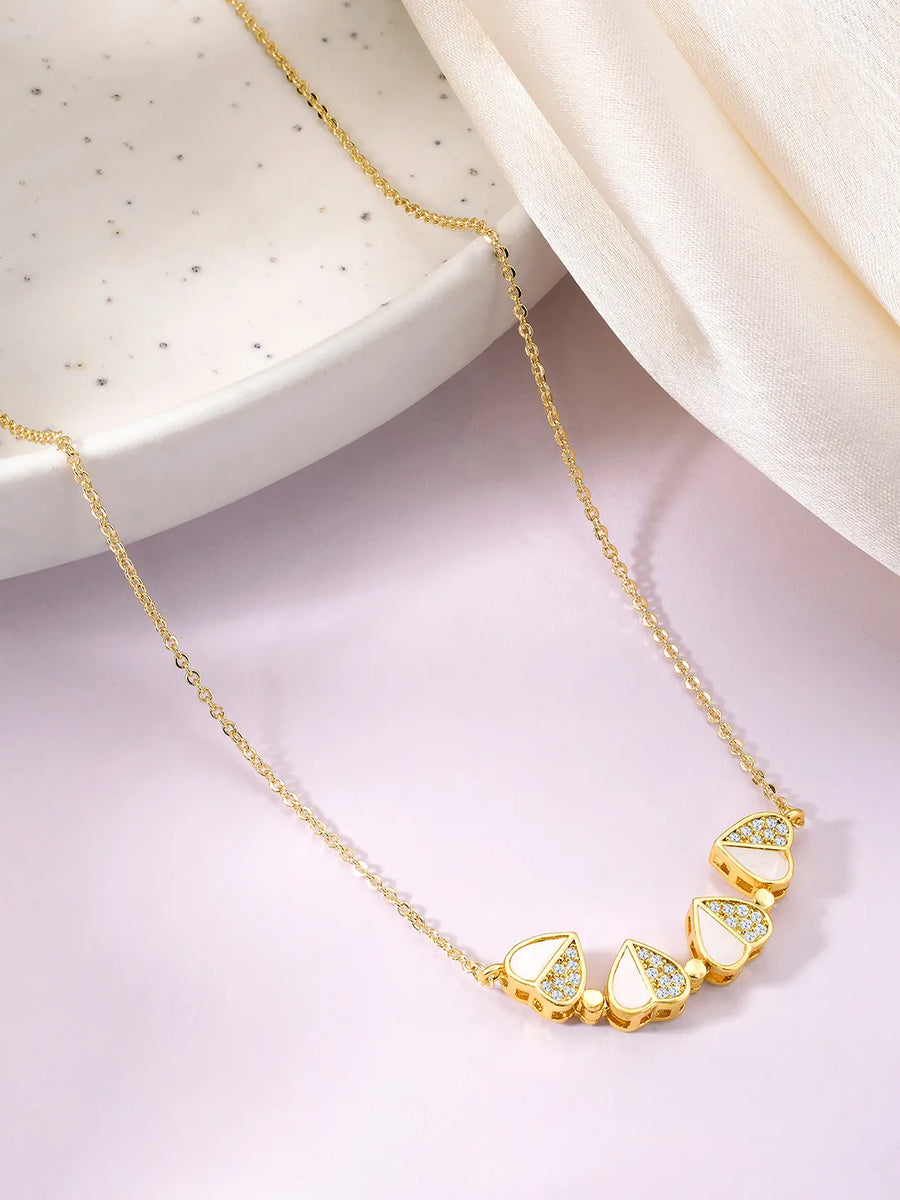 Floral Clover Motif CZ Necklace - Gold