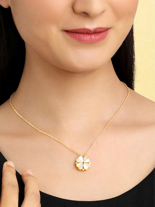 Floral Clover Motif CZ Necklace - Gold