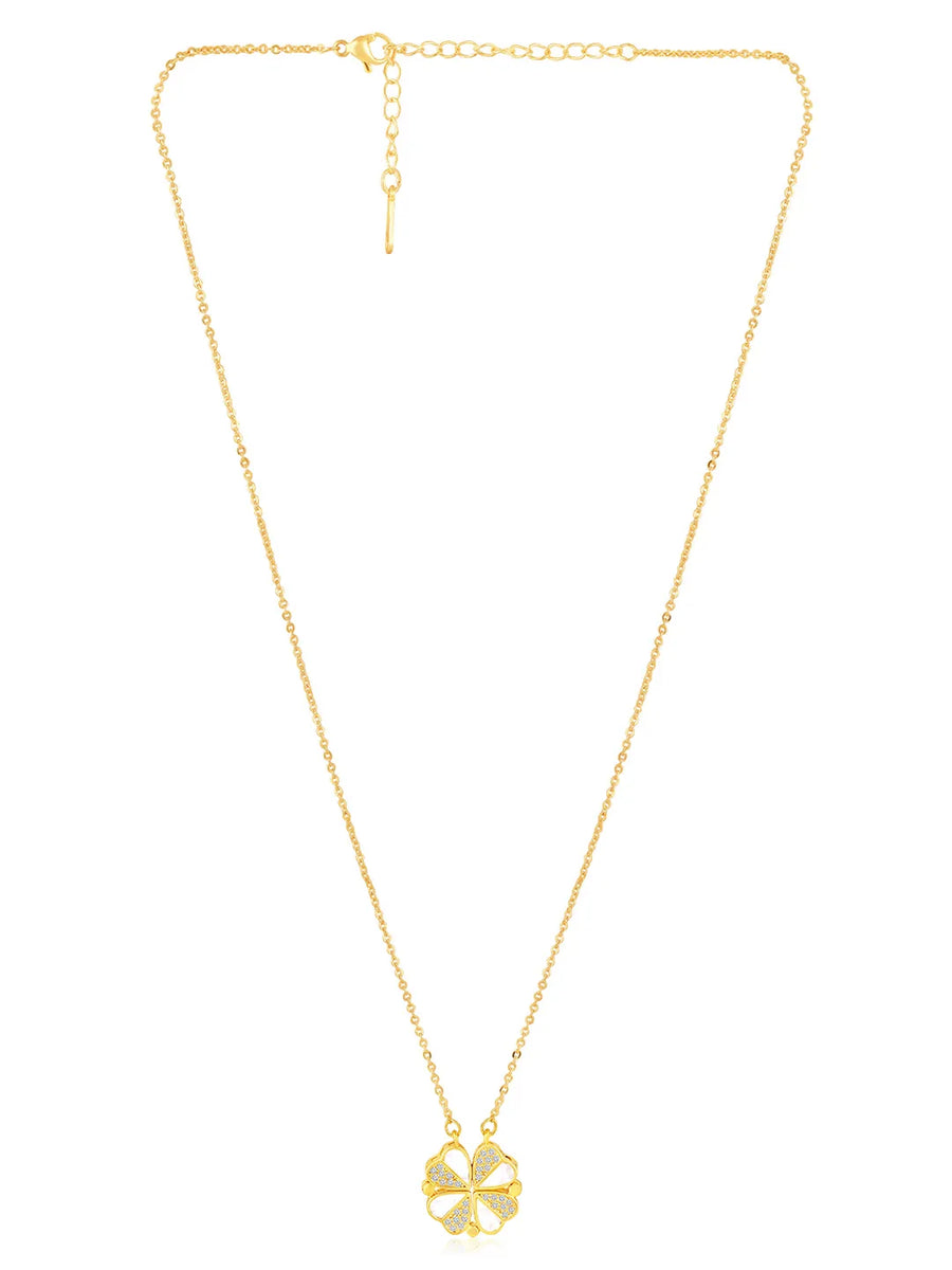 Floral Clover Motif CZ Necklace - Gold