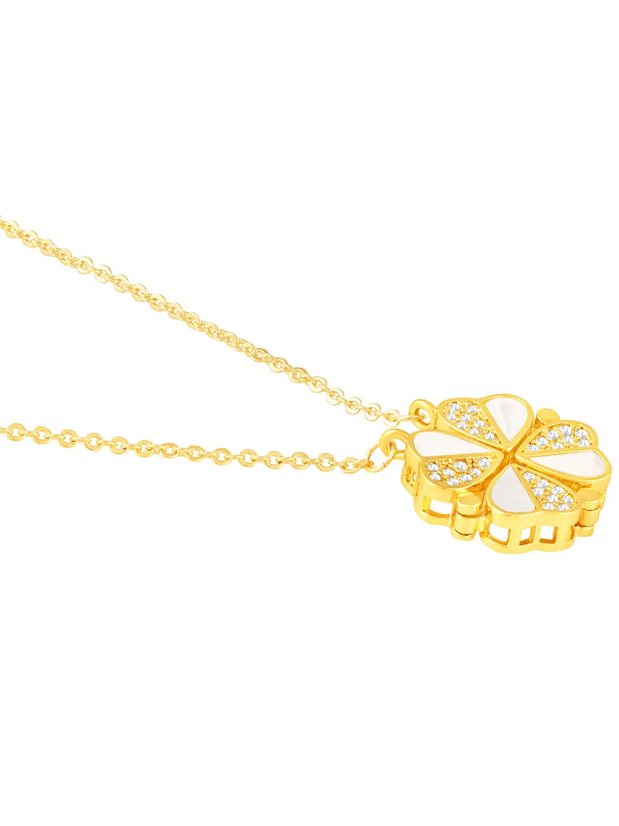 Floral Clover Motif CZ Necklace - Gold
