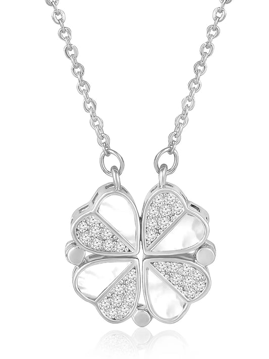 Floral Clover Motif CZ Necklace - Silver
