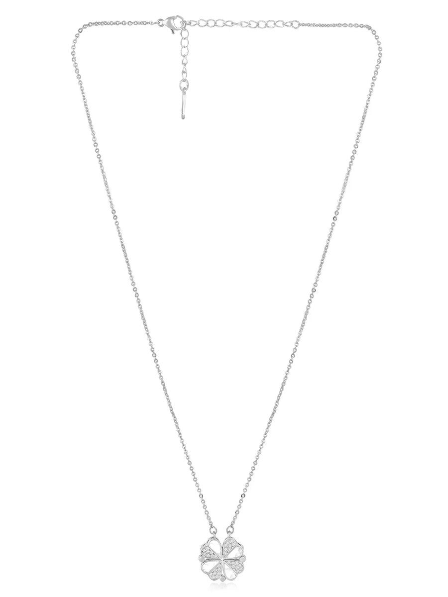 Floral Clover Motif CZ Necklace - Silver