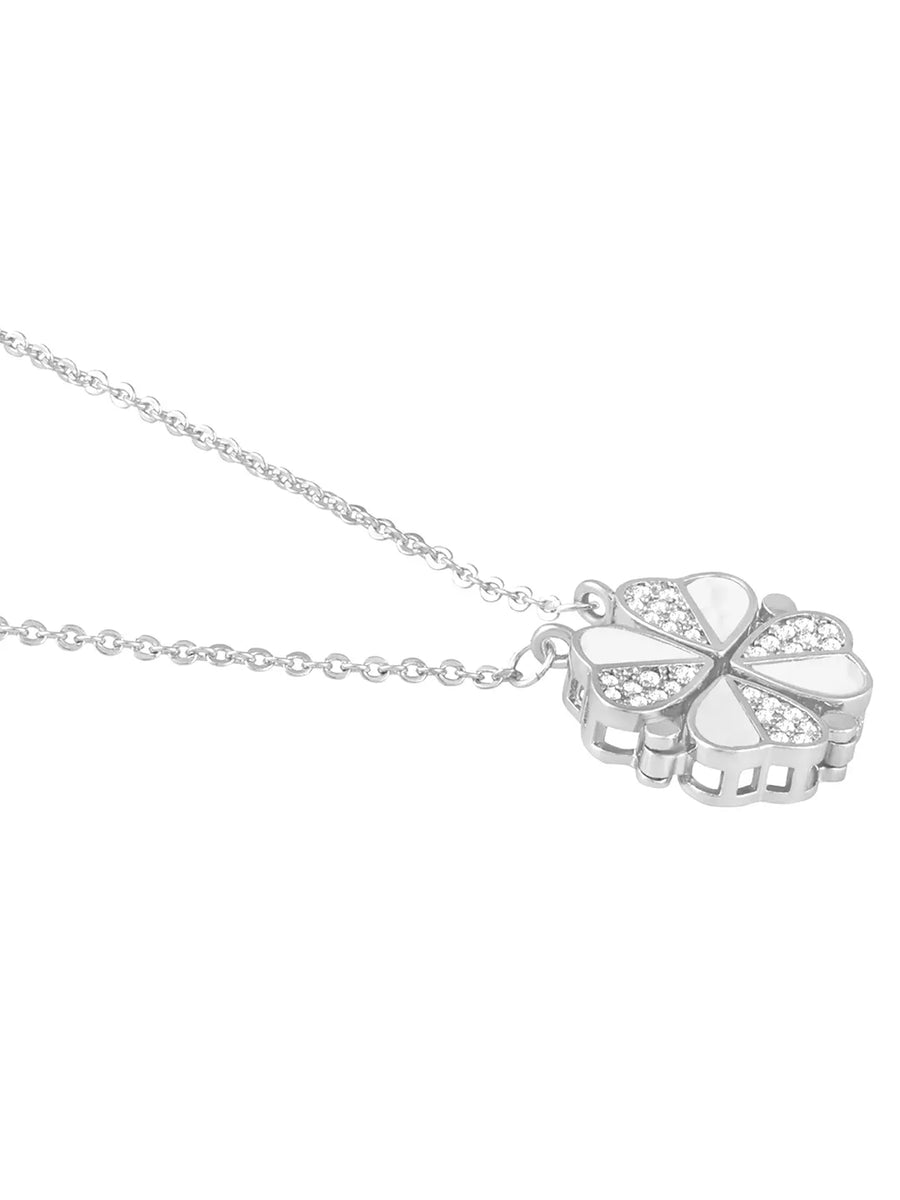 Floral Clover Motif CZ Necklace - Silver