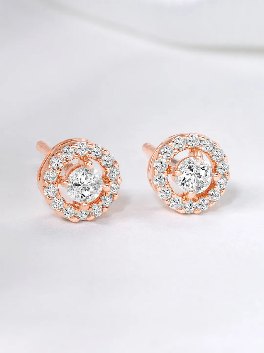 Luxury Inspired Round CZ Stud Earrings - Rose Gold