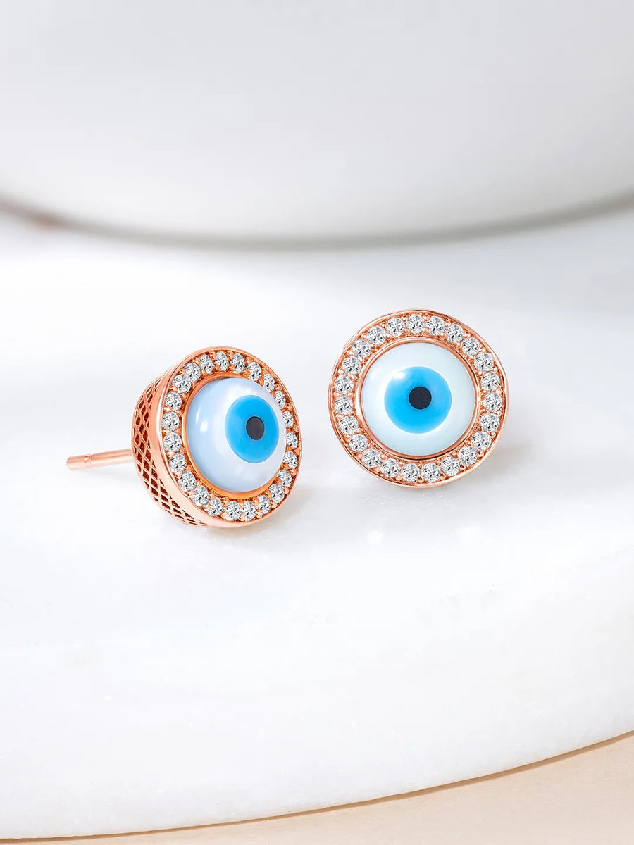 Sparkling CZ Evil Eye Studs Earrings - Rose Gold Blue White