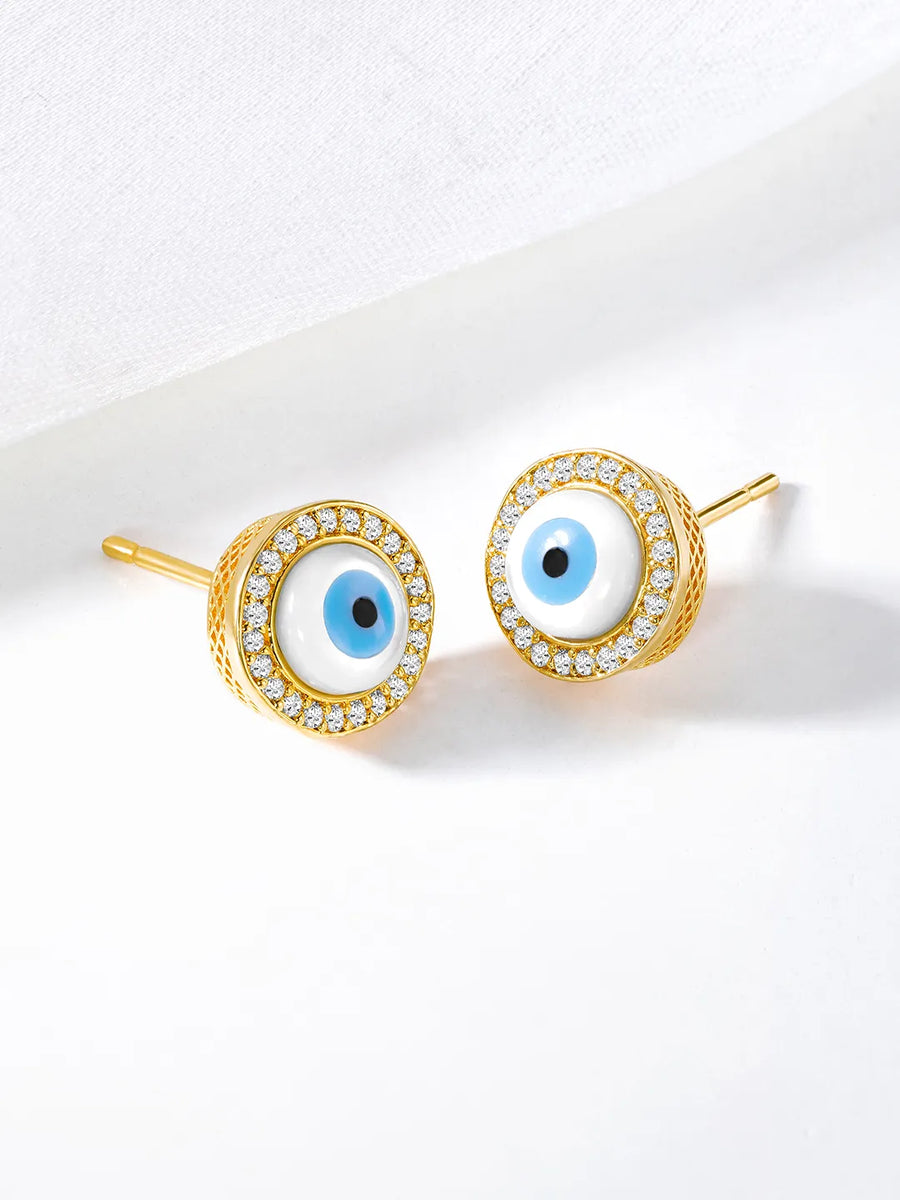 Sparkling CZ Evil Eye Studs Earrings - Gold Blue White