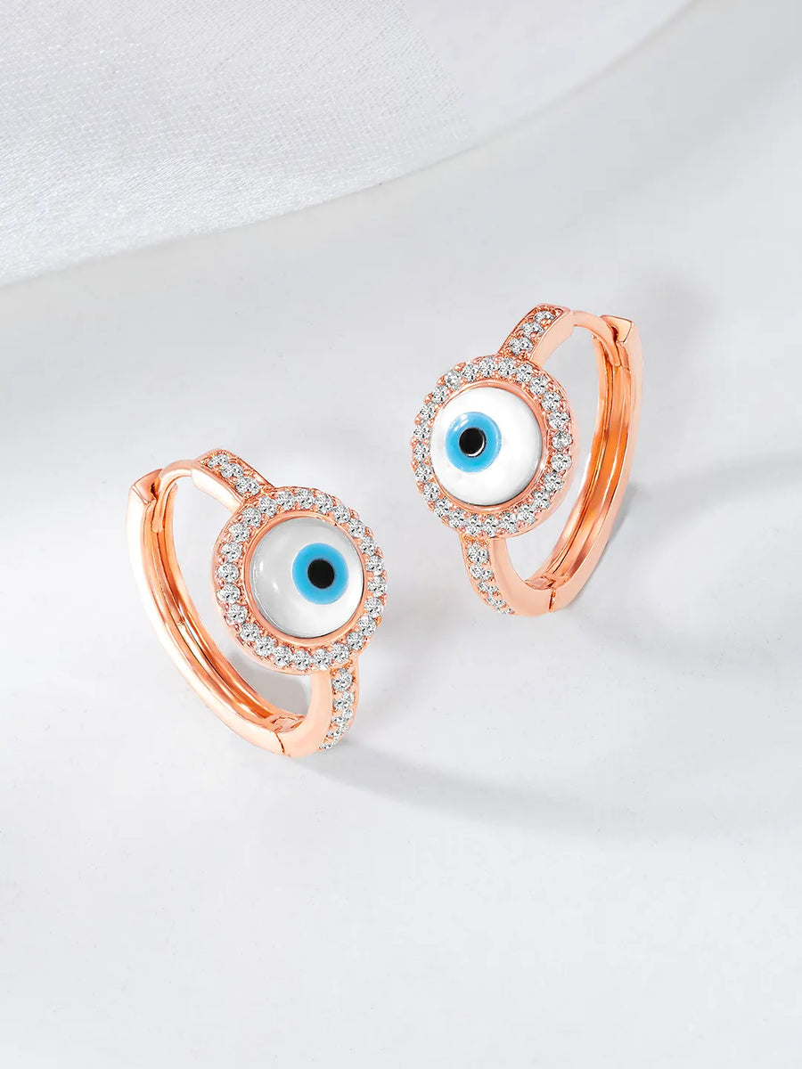 Chic CZ Evil Eye Hoop Earrings - Rose Gold Blue White