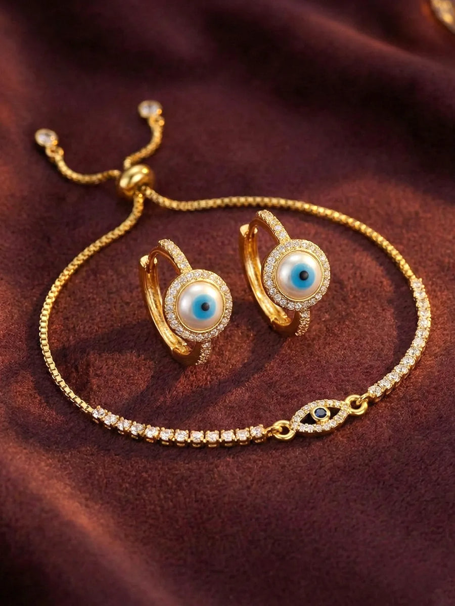 Gold Evil Eye Bracelet Earrings Gift Set