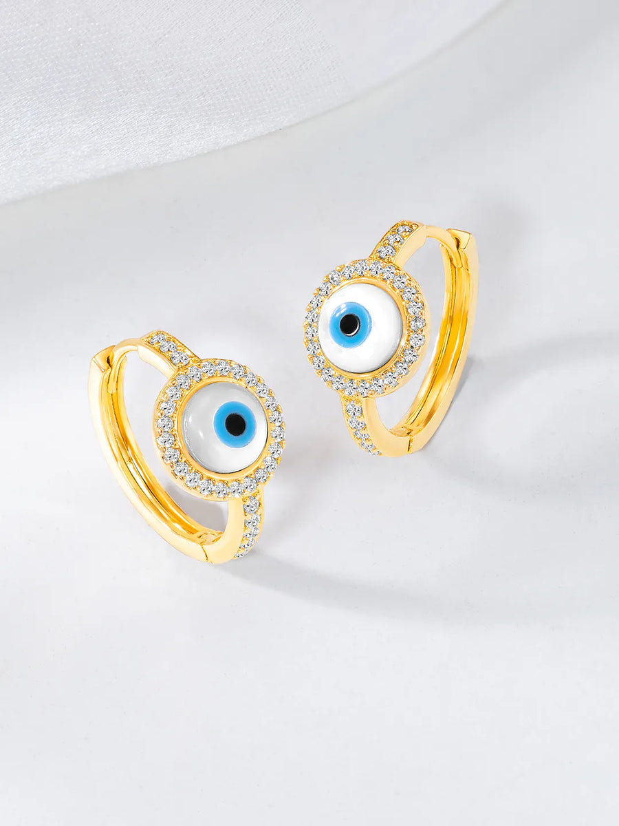 Chic CZ Evil Eye Hoop Earrings - Gold Blue White