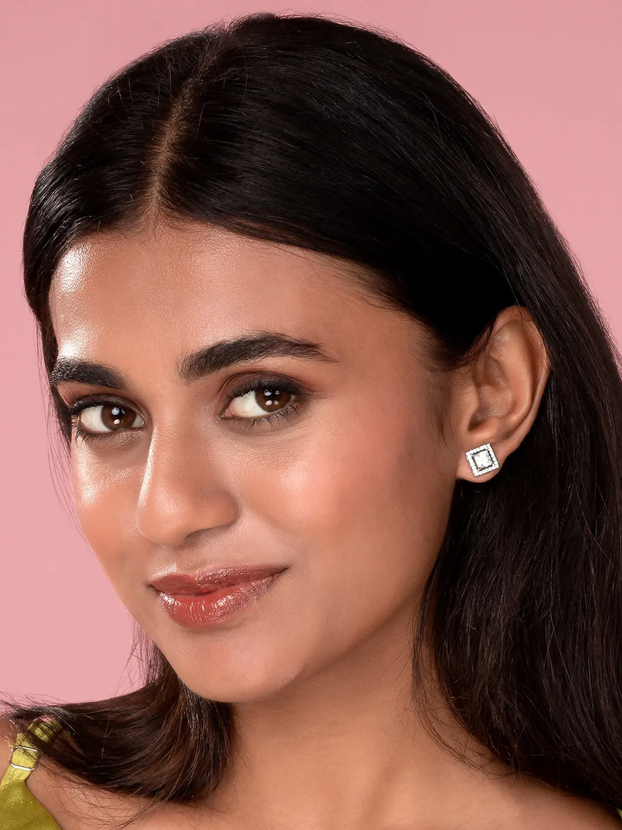 Elegant Sleek Square CZ Stud Earrings - Silver
