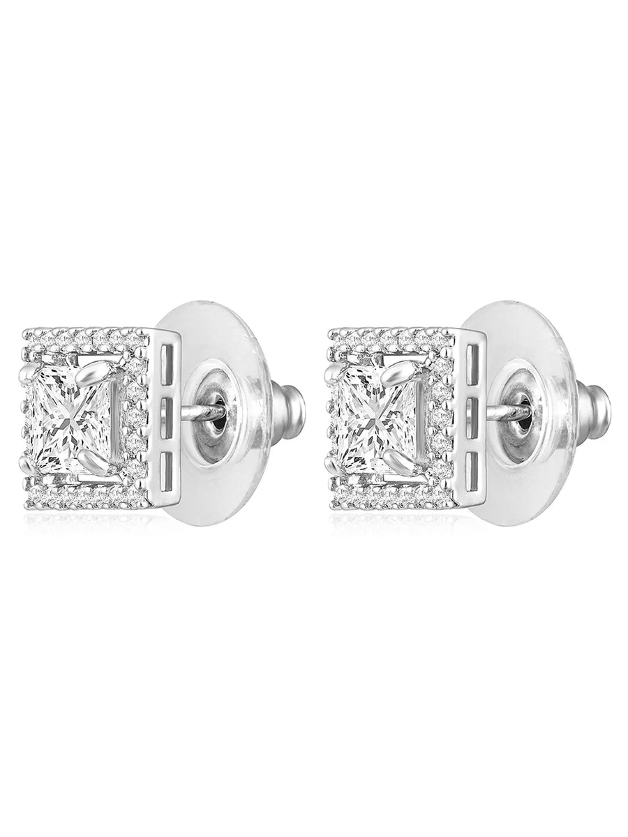 Elegant Sleek Square CZ Stud Earrings - Silver