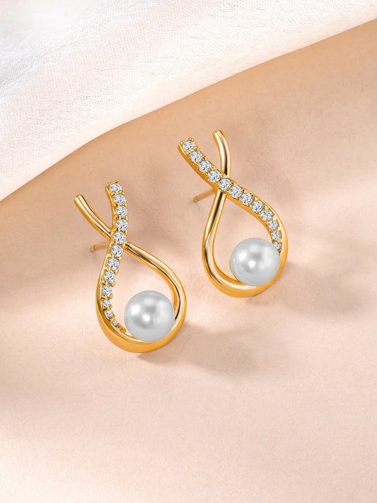 Cross Style CZ Pearl Stud Earrings