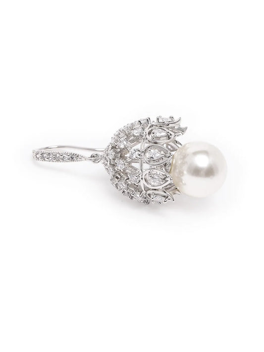 Pearl Embellished Drop Earrings. Silver earrings with pearl. Ideal for Parties, evening wear.