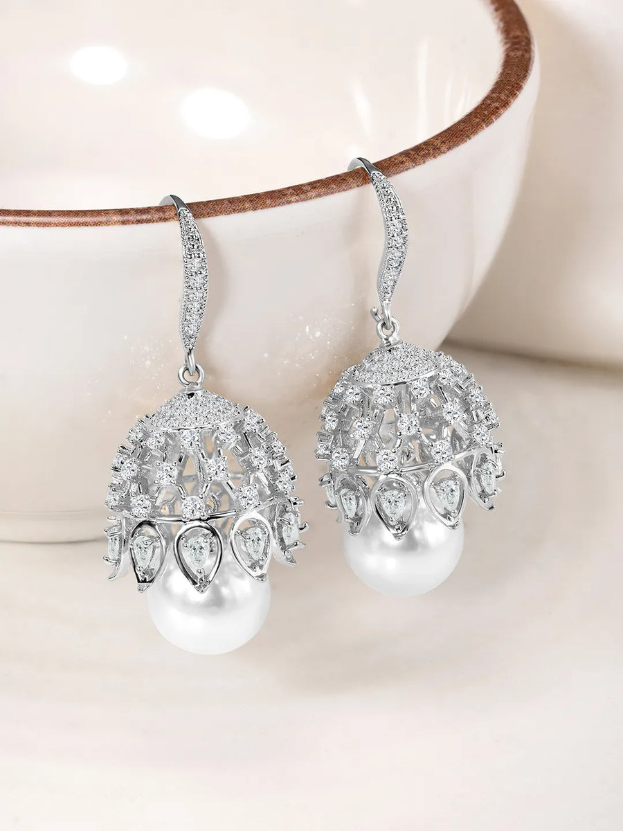 Pearl Embellished Drop Earrings. Silver earrings with pearl. Ideal for Parties, evening wear.