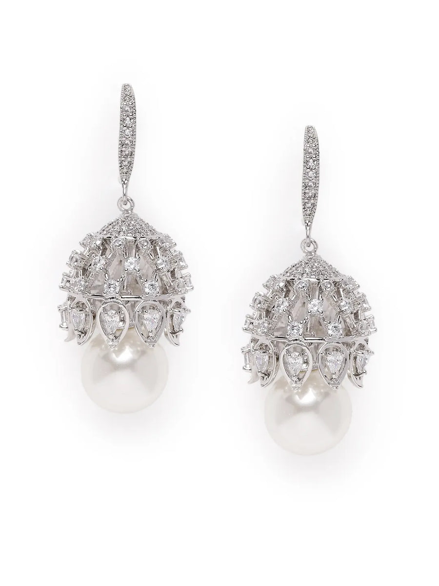 Pearl Embellished Drop Earrings. Silver earrings with pearl. Ideal for Parties, evening wear.