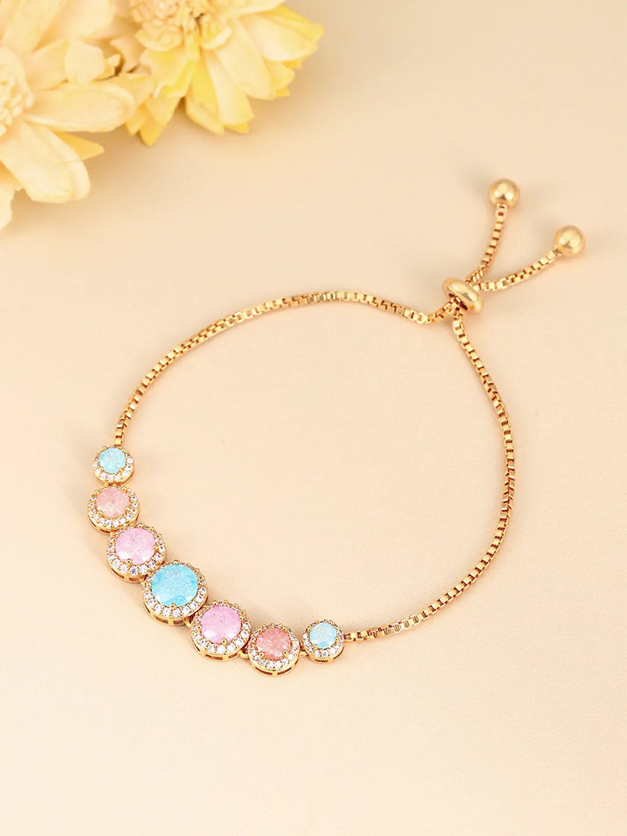 Round Link Adjustable CZ Bracelet - Gold - Multi