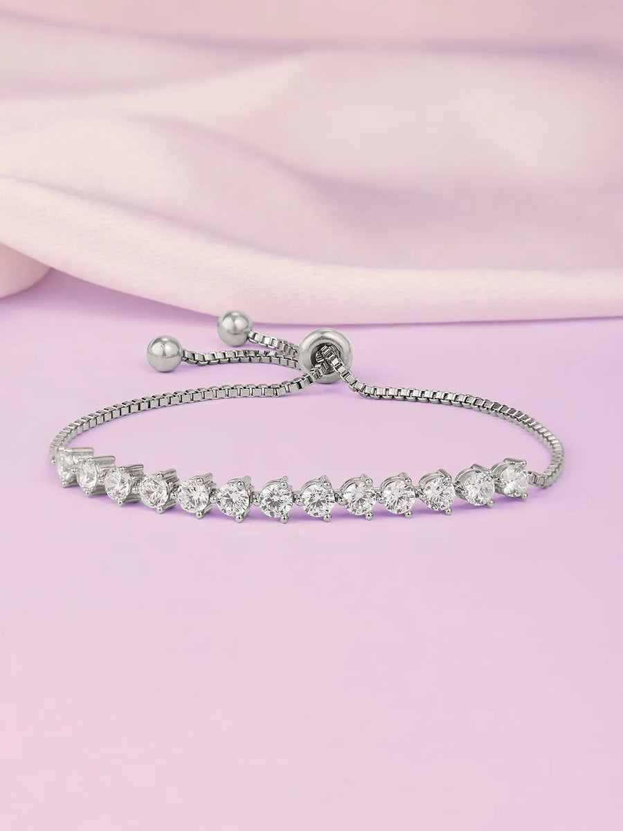 Round Link Adjustable CZ Bracelet - Silver