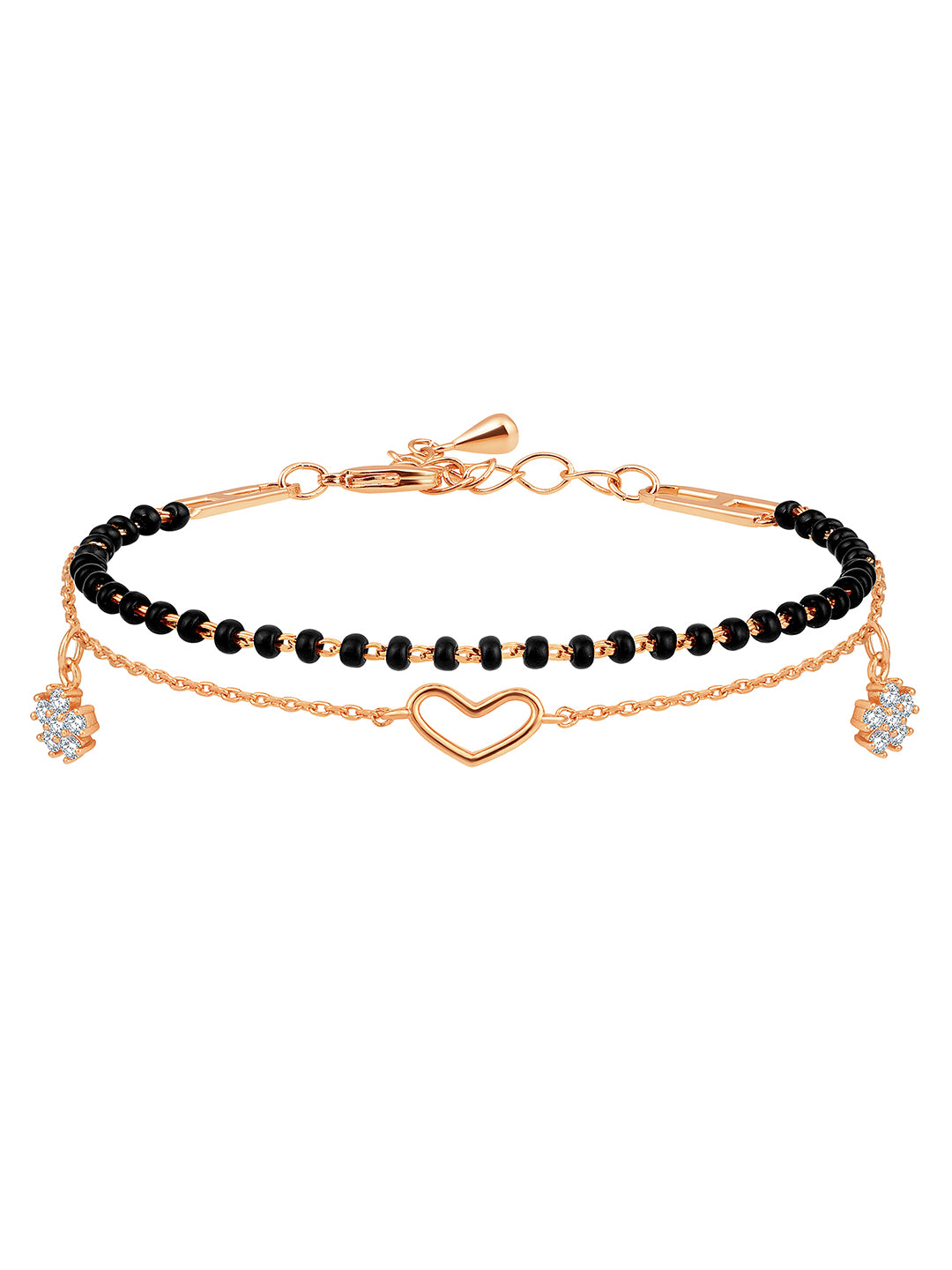 Chic Noir Rose Gold Heart Bracelet with Dainty Black Beads