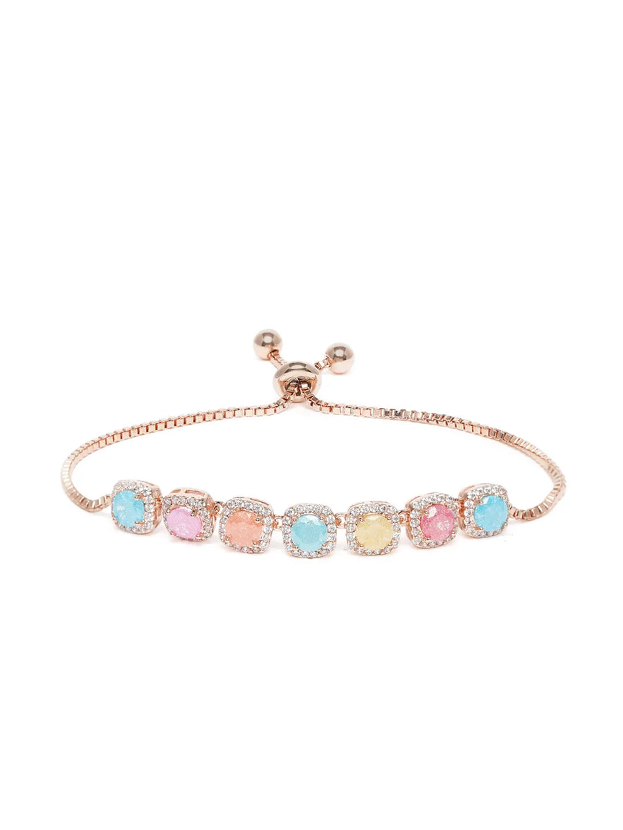 Rainbow Crystal Stone Box Chain Bracelet - Rose Gold - Multi