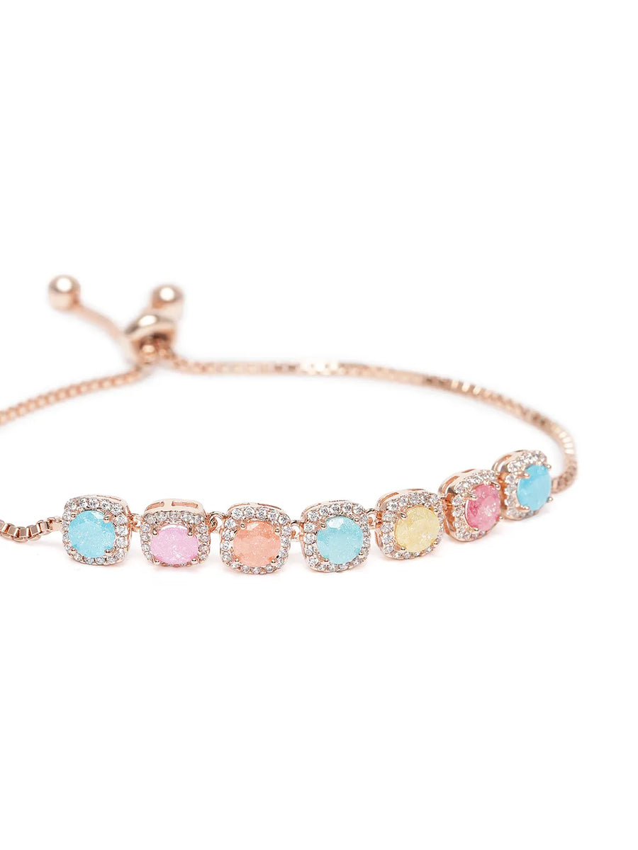 Rainbow Crystal Stone Box Chain Bracelet - Rose Gold - Multi