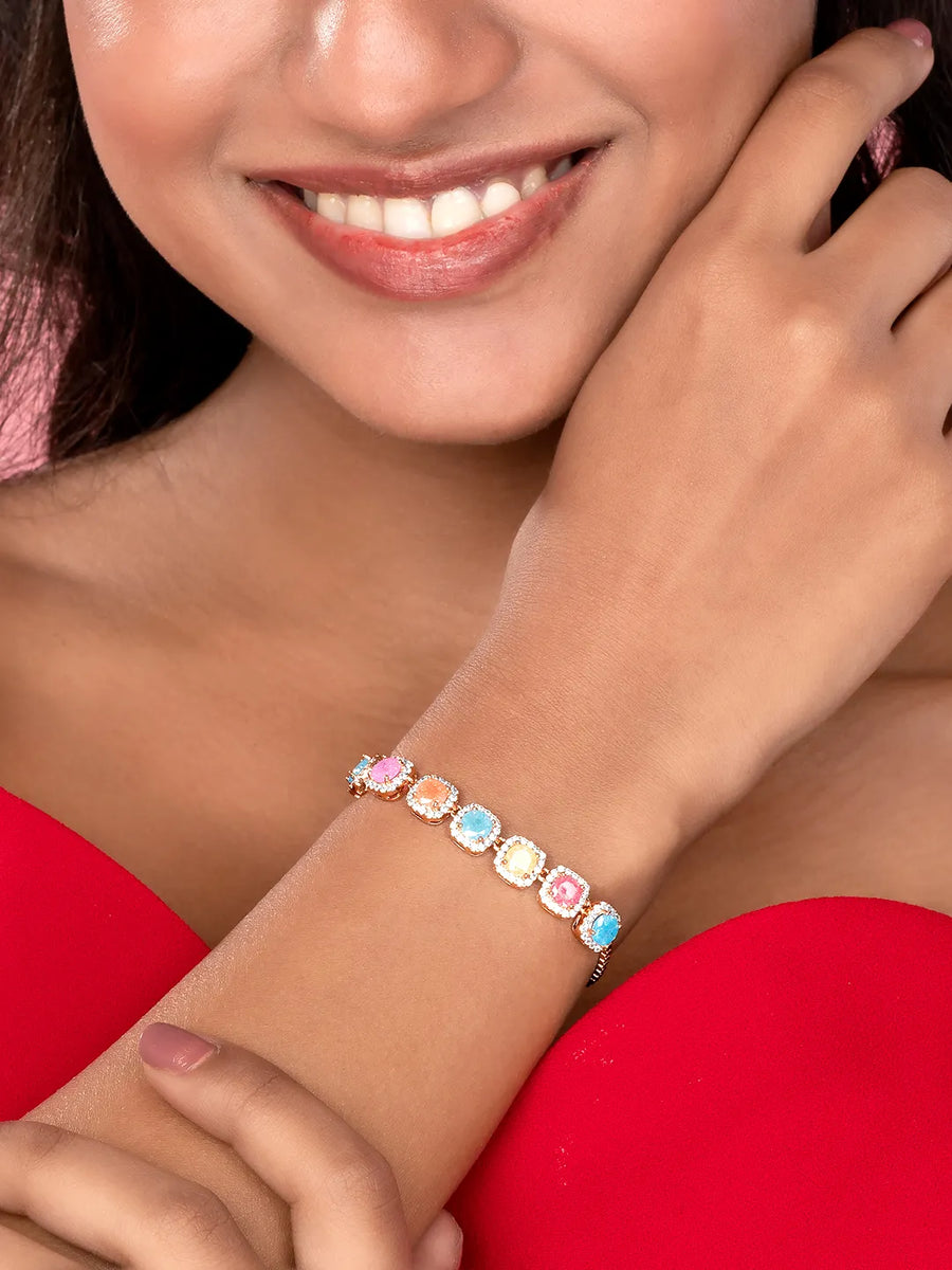 Rainbow Crystal Stone Box Chain Bracelet - Rose Gold - Multi