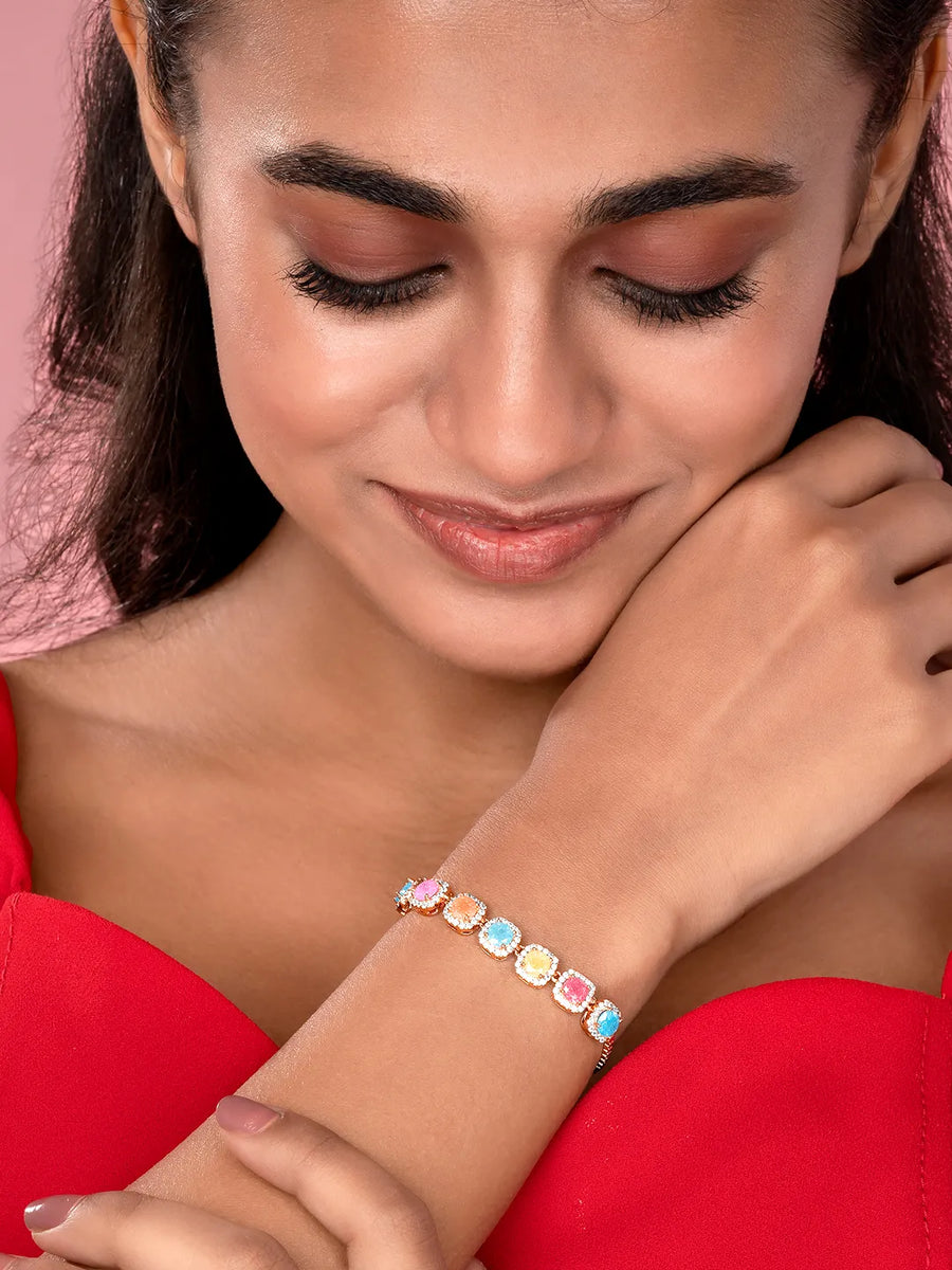 Rainbow Crystal Stone Box Chain Bracelet - Rose Gold - Multi