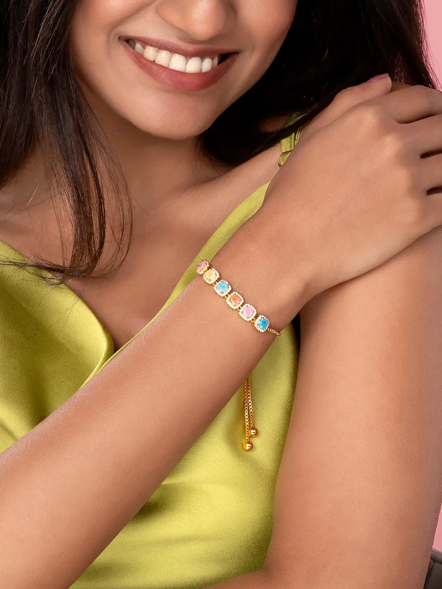 Rainbow Crystal Stone Box Chain Bracelet - Gold - Multi